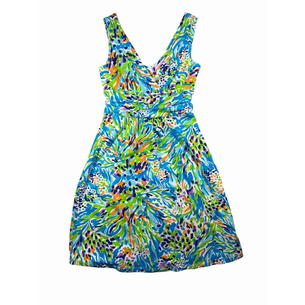 Lilly Pulitzer Dress Womens XS Multicolor Floral Ruched Waist Sleeveless Flare